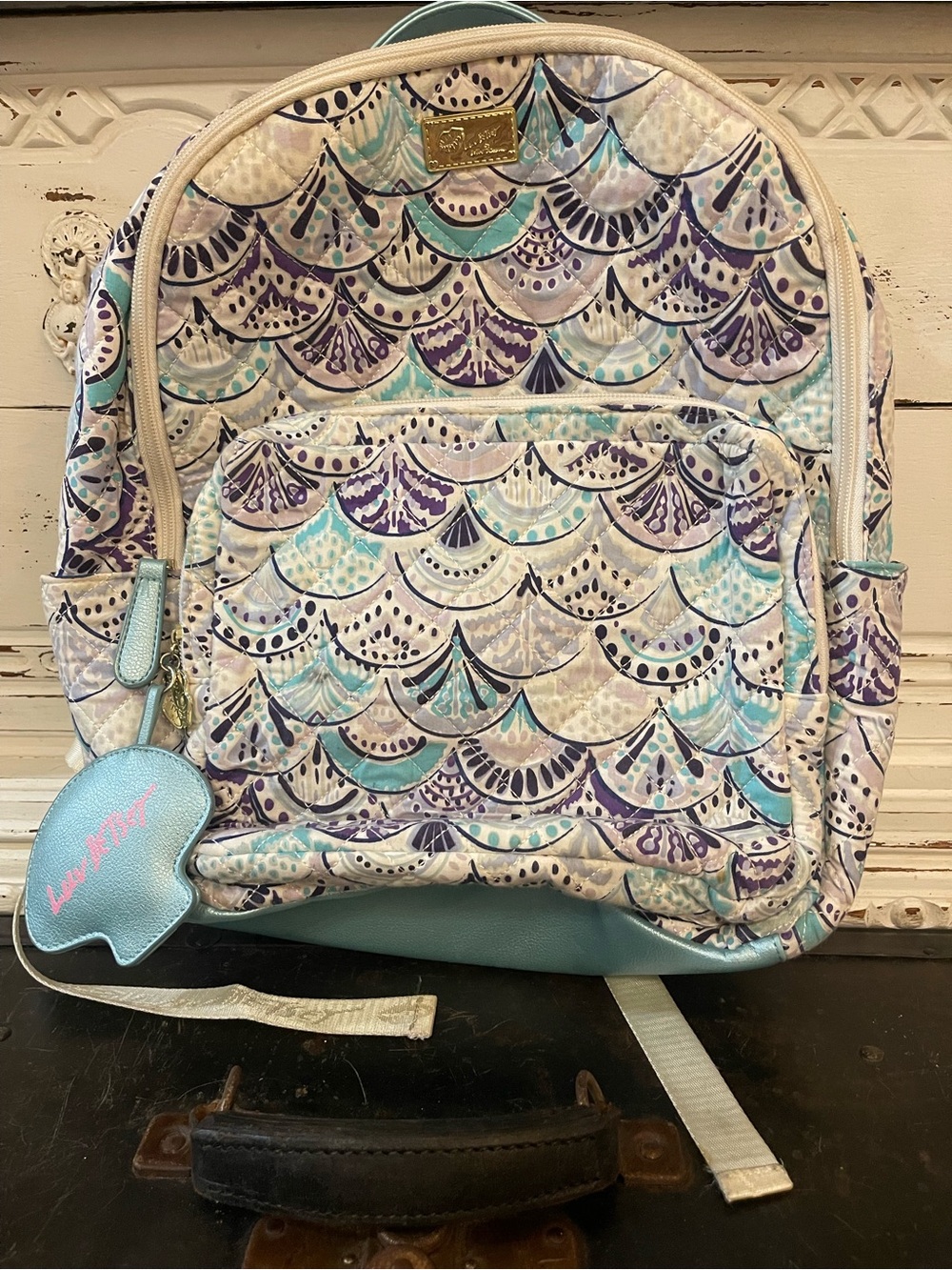 Betsey Johnson Cream Backpack with Light Blue & Purple Scallop Print